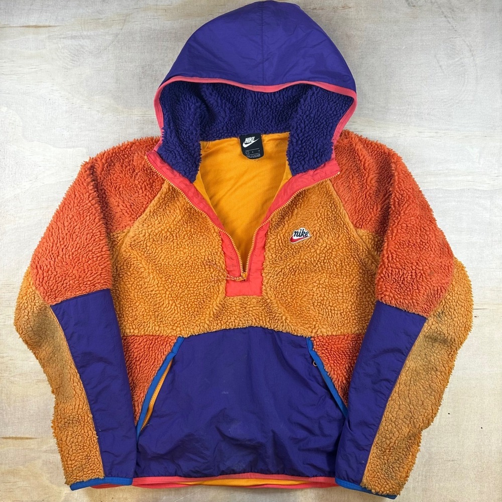 Nike Sherpa Fleece Hoodie Mens Large Orange Purple Colorblock Half Zip Pullover